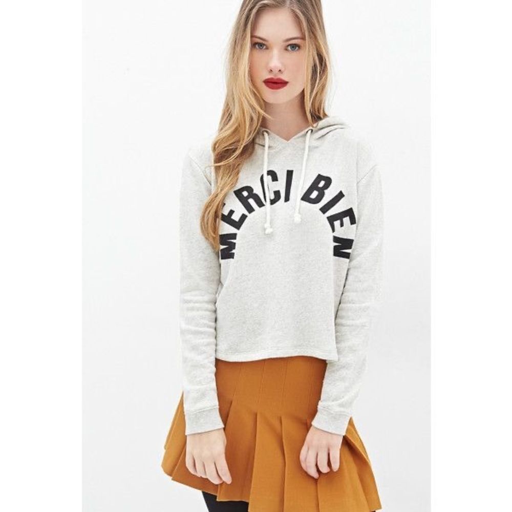 Forever 21 Grey Crop Top Hoodie French Terry Fabric, "Merci Bien" Size S